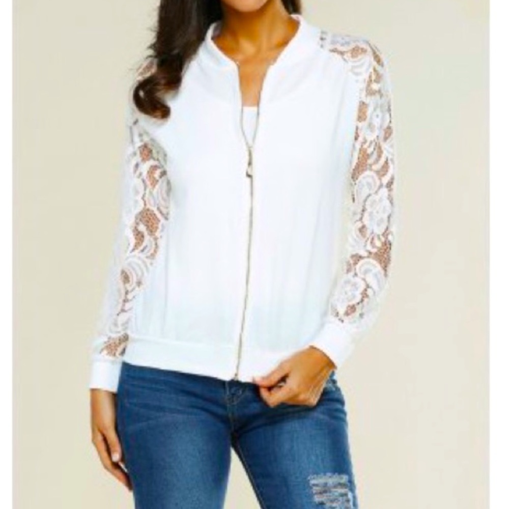 Gorgeous Semi Sheer Floral Lace Sleeves W/ Lining Zip Up Pockets Bomber Jacket